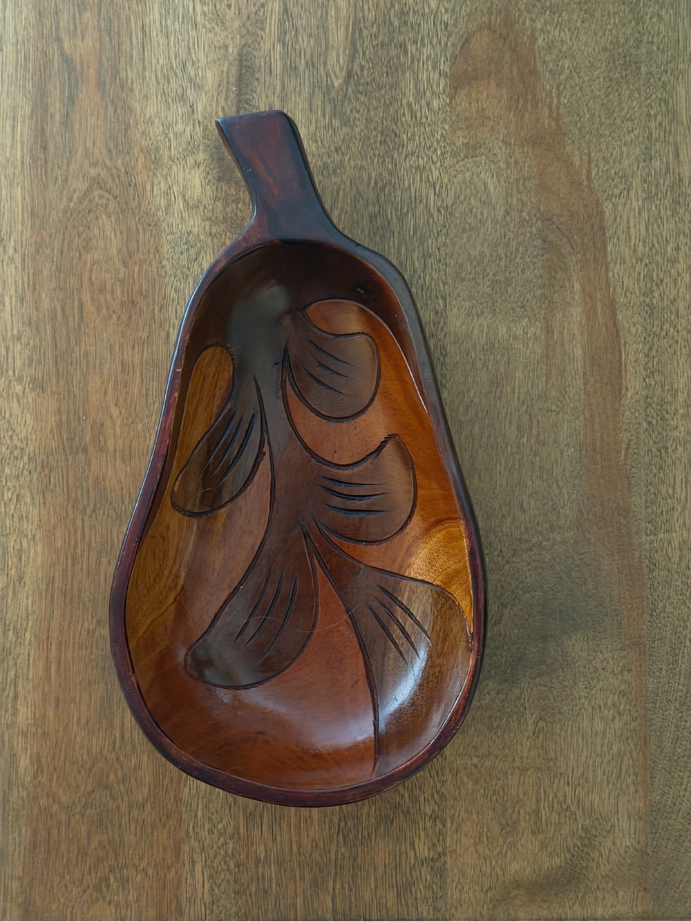 Vintage Monkey Pod Wood Bowl Pear Shape w/ Leaf Carving